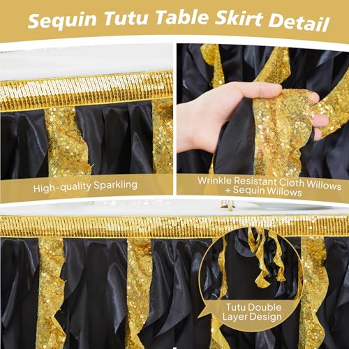 Black Gold 21ft Sequin Table Skirt for Rectangular Tables - Glitter Fringe Tutu Ruffle Party Decor