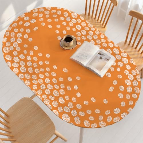 Fall Fitted Tablecloth for 64x44 Inch Oval - Orange Pumpkin Design