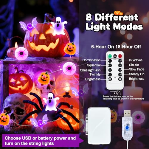 Halloween String Lights 16ft 50LED Pumpkin Bat Eyeball Ghost Waterproof USB & Battery Powered with Remote Control - 2 Pack