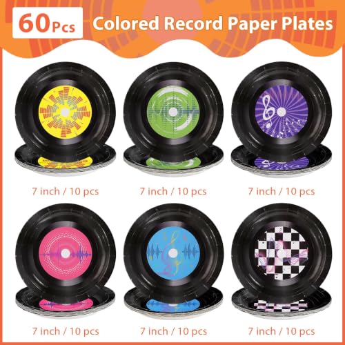 60Pcs Rock & Roll Vinyl Record Paper Plates 7 Inch Heavy Duty Disposable Partyware