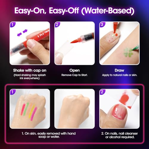 Glow Face & Body Paint Pens - Neon UV Reactive, Skin Safe, Washable, Quick-Dry