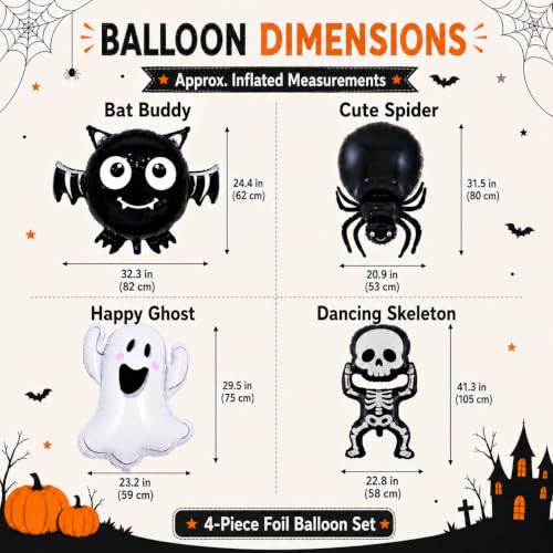Halloween Balloon Set with Ghost Bat Skull and Spider Foil Balloons - Spooky Party Decorations