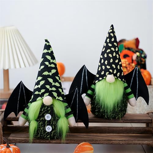 Halloween Bat Wing Gnome Decorations - Set of 2, Green Plush Gnomes with Black Hats - Handmade Holiday Home Decor - Bat Wing Variation