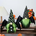 Halloween Bat Wing Gnome Decorations - Set of 2, Green Plush Gnomes with Black Hats - Handmade Holiday Home Decor - Bat Wing Variation