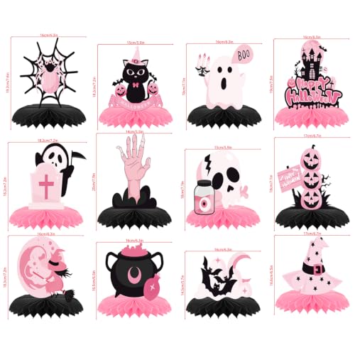 Pink Halloween Table Centerpieces Set - 12 Pastel & Black Honeycomb Party Decor