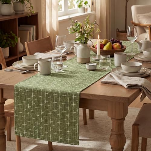 Olive Green Cross-Star Textured Table Runner - 13x90 Inch Waterproof Rustic Decor