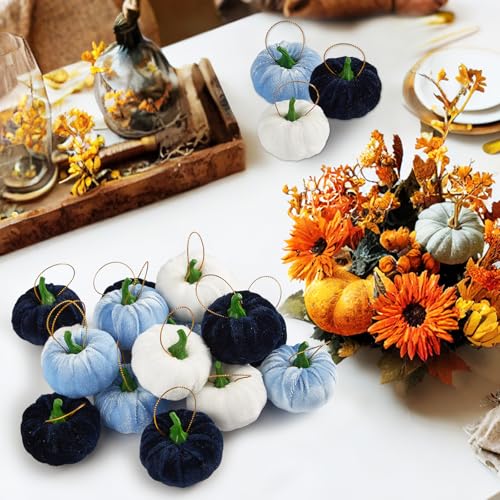 Blue Velvet Fall Pumpkin Hanging Ornaments - 16 Pcs Thanksgiving Decor
