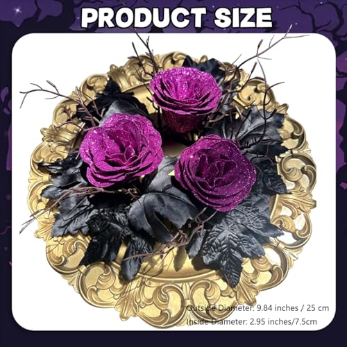 Halloween Candle Ring Wreath Artificial Purple Flowers Black Maple Leaves 9.84"