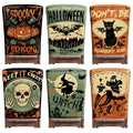 Terrifying Halloween Chair Cover Set - 6 Elastic Backrest Protectors for Dining Chairs - Gothic Skeleton Pumpkin Black Cat Bat Design