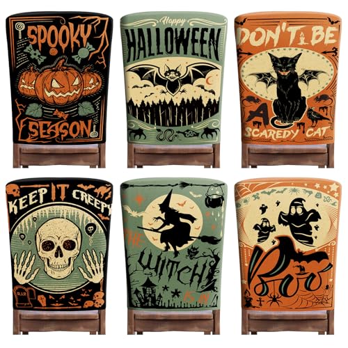Terrifying Halloween Chair Cover Set - 6 Elastic Backrest Protectors for Dining Chairs - Gothic Skeleton Pumpkin Black Cat Bat Design