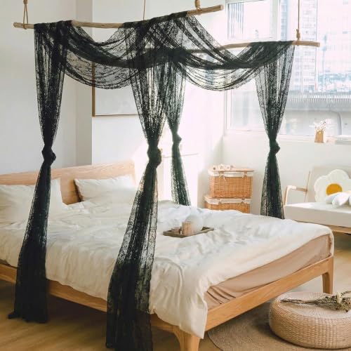 NAPEARL Black Lace Bed Curtain - 57 x 216 Inch Floral Drapery for Canopy & Window Decor - Variation: Black Ginkgo Lace 54"W x 216"L