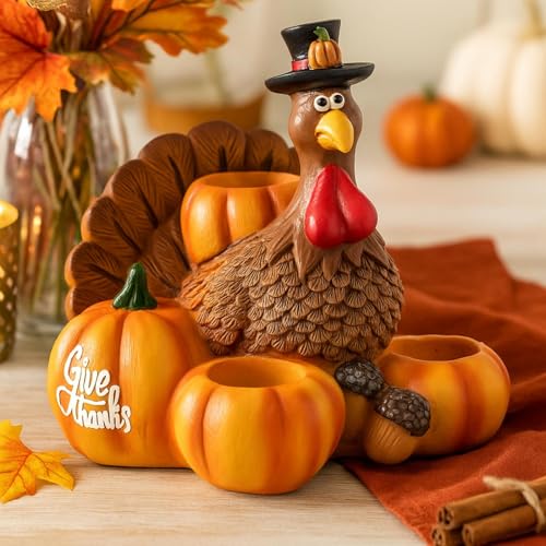 Thanksgiving Turkey Candle Holder with Pumpkin Compartments - Fall Table Decor