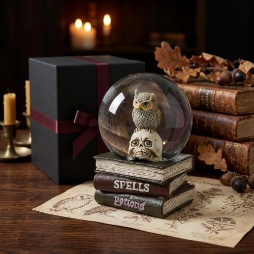 Halloween Snow Globe Owl Skull Decor - Gothic Resin Water Globe on Spell Book Base