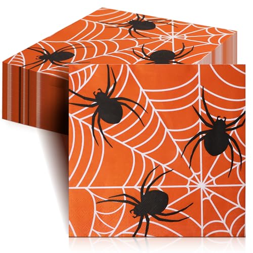 Halloween Spider Web Napkins - Orange 100 Pack, 6.5 x 6.5 Inch 2-Ply Paper