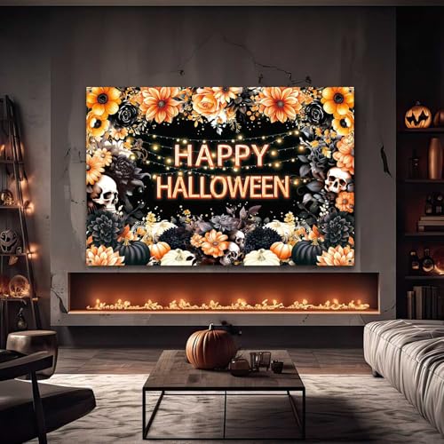 Halloween Photo Backdrop 8x6ft Black Orange Floral Skull Banner - Spooky Party Decor, Indoor Outdoor Photography Prop Variation: Black Orange, Halloween / 8x6ft