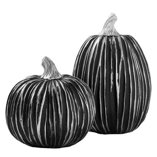 Black Pumpkin Decor Set - 2 Faux Stacking Fall Halloween Indoor Decorations Variation of Black / Set of 2