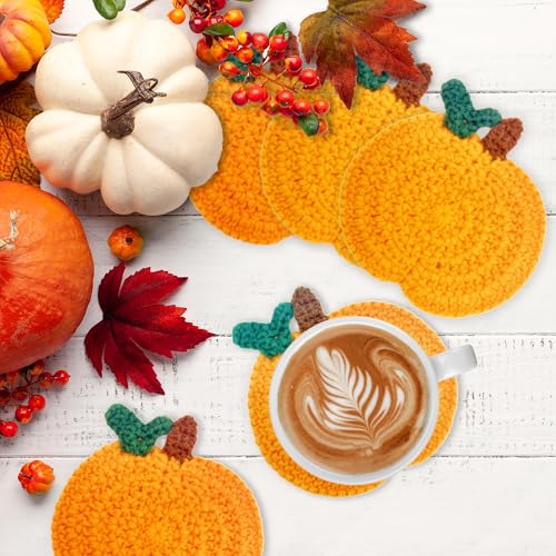 4 Pack Fall Pumpkin Crochet Coasters - Handmade Autumn Drink Mats for Table Decor