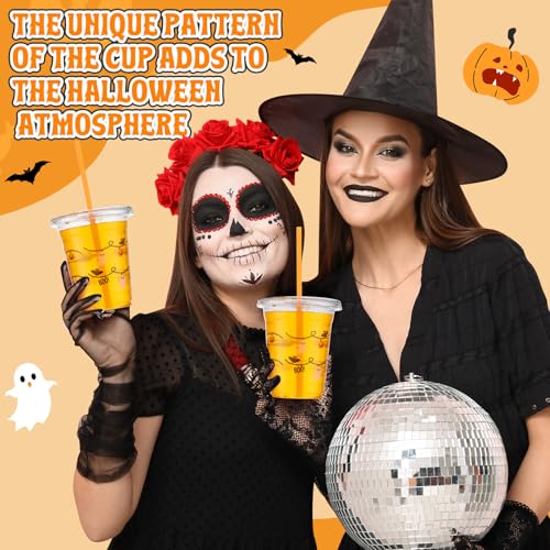 Halloween Plastic Cups with Straws and Lids - 50 Pack, 12oz, Orange, Classic Style