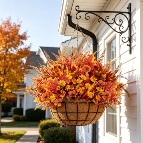 Artificial Fall Flowers Bundle with 5 Styles for Outdoor & Indoor Decor - Orange Red