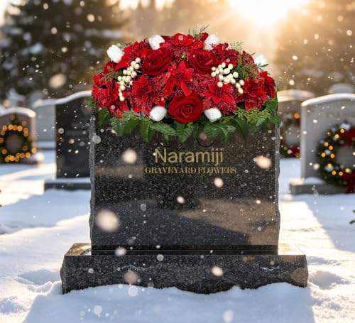 Artificial Cemetery Flowers for Grave Decoration with Adjustable Headstone Saddle - Realistic Winter Memorial Arrangement