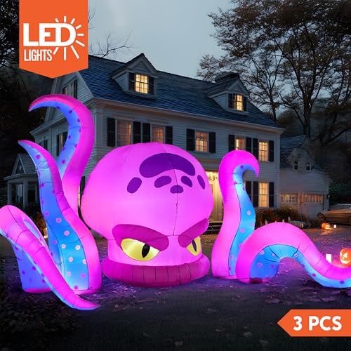 Purple Big-Headed Halloween Inflatable Octopus with LEDs - 10ft Yard Decor