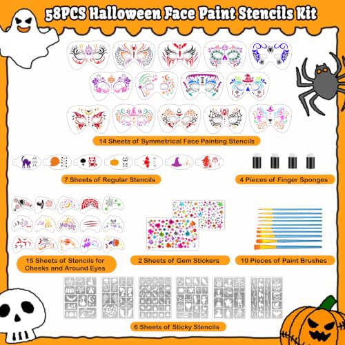 Halloween Face Paint Stencils Kit - 58pcs Makeup & Tattoo Templates, Brushes, Gems & Sponges - Halloween Variation