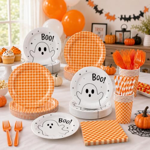 Halloween Party Supplies Set 156 Pieces Ghost & Orange Checkered Tableware