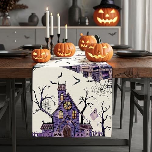 Artscope Purple Haunted House Tree Ghost Halloween Table Runner 13x90 Inch - Fall Kitchen Decor