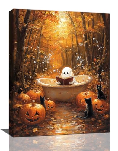 Halloween Wall Art - Fall Pumpkin Ghost Canvas Decor for Home & Office 16x12