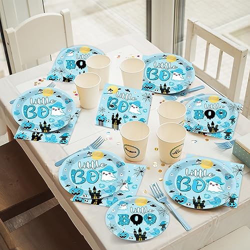 Halloween Little Boo Blue Party Plates Napkins Forks Set - Baby Shower & Costume Celebration