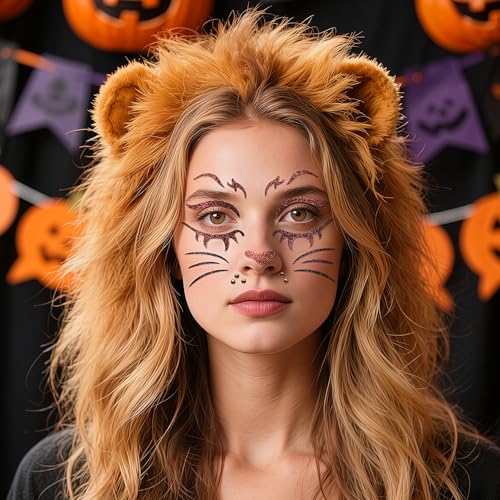 Animal Face Glitter Tattoos - Lion Variation, 2 Sheets Halloween Costume Accessories