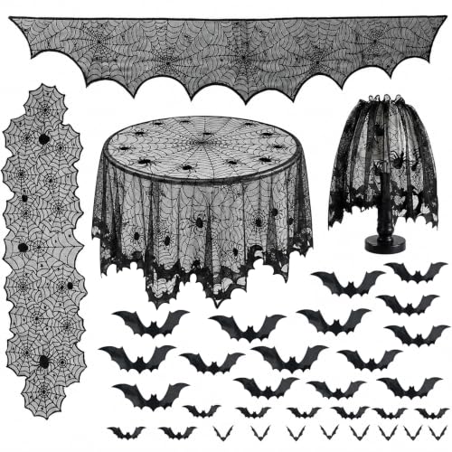 Halloween Tablecloth and Decor Set with Spider Web Lace Runner Bat Wall Stickers