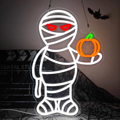 Halloween Neon Sign - Mummy and Pumpkin Wall Decor, Dimmable LED USB Light
