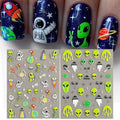 Alien Embossed Nail Art Stickers - Space UFO Rocket Design, Self-Adhesive, 2 Sheets