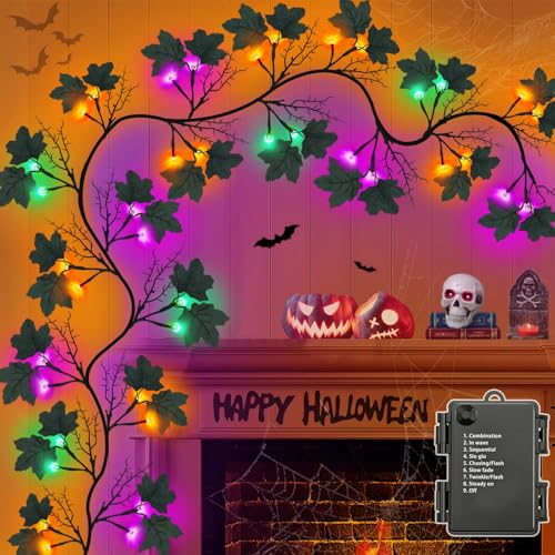 9FT LED Halloween Garland with Purple, Green & Orange Lights, Black Leaves, Battery Operated