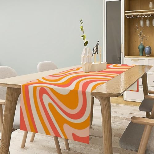 Orange Retro 70s Groovy Table Runner 13x108 Vintage Abstract Boho Spiral Swirl