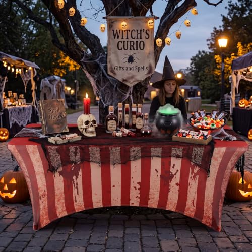 Creepy Carnival Halloween Tablecloth - Stretch Circus Spooky Decor, 6ft