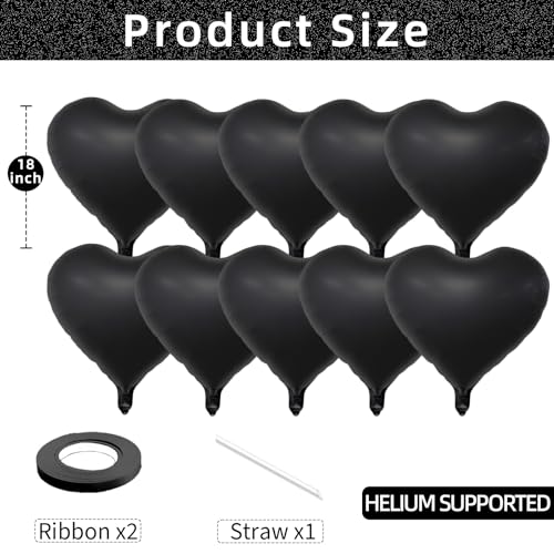 Matte Black Heart Foil Balloons - 18 Inch Party Decorations for Birthdays Weddings Halloween Valentine's