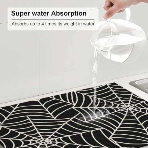 Halloween Spider Web Dish Drying Mat - Black & White Microfiber Kitchen Protector, 24x18 Inches