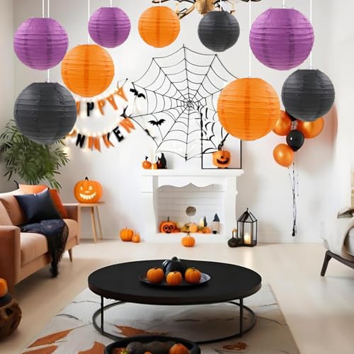 Halloween Paper Lanterns Set - Purple, Orange, Black Hanging Decorations, 9 Pieces