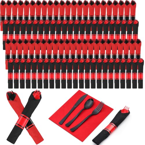 Halloween Party Disposable Silverware Set - Black & Red, 100 Pack
