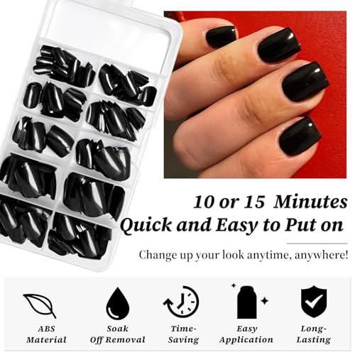 Lifextol Black Short Square Press On Nails Set with Glue & Tabs - 240pcs