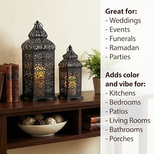11-Inch and 15-Inch Black Moroccan Candle Lantern Set of 2 - Indoor Decorative Lanterns with Filigree Cutouts