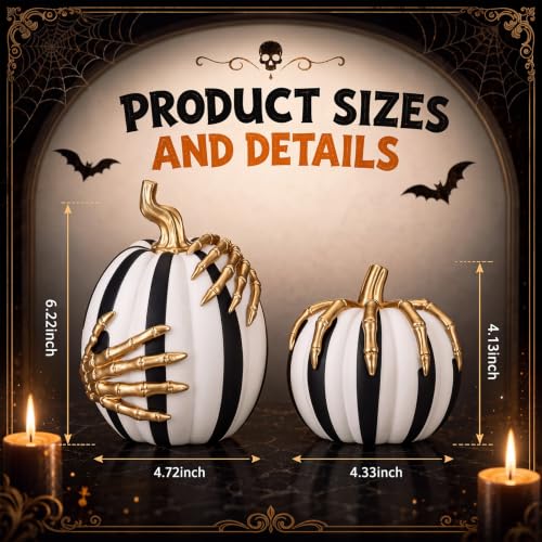 Halloween Black and White Pumpkin Decor Set with Skeleton Hands - Indoor Outdoor Resin Decorations