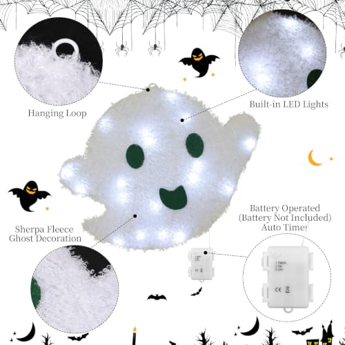 Halloween Hanging Ghost Lighted Decoration - White LED, 14.4 Inches, Auto Timer, Indoor Outdoor Use - White Ghost Variation
