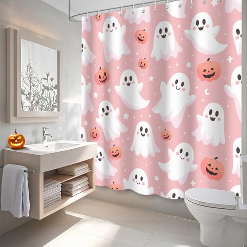 Halloween Shower Curtain Pink Cute Abstract Spooky Pumpkin Bathroom Decor with 12 Hooks - Pink3
