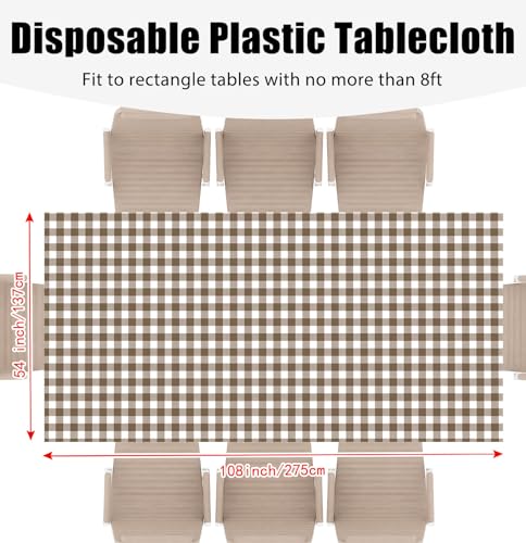 4 Pack Disposable Gingham Tablecloths - Brown & White Checkered 54x108 Inches for Parties