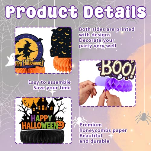 Halloween Honeycomb Centerpieces Set - 12pcs Halloween Party Decor - Ghost, Pumpkin, Witch, Vampire & Black Cat - Reusable & Waterproof - Halloween