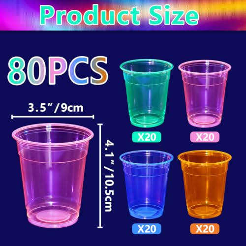 Glow in The Dark Plastic Cups 12oz - Colorful Neon Disposable Party Cups