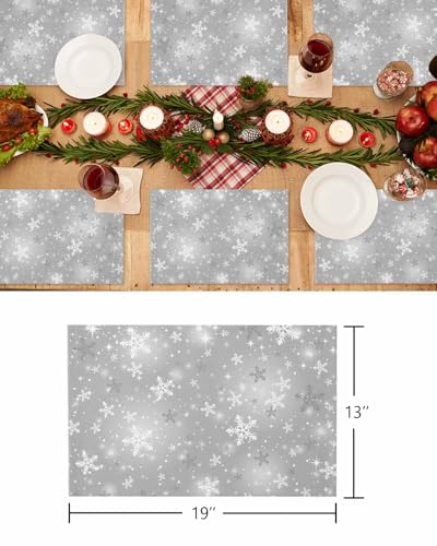Grey Snowflake Christmas Placemat Set of 4 - Winter Table Decor, Washable Polyester